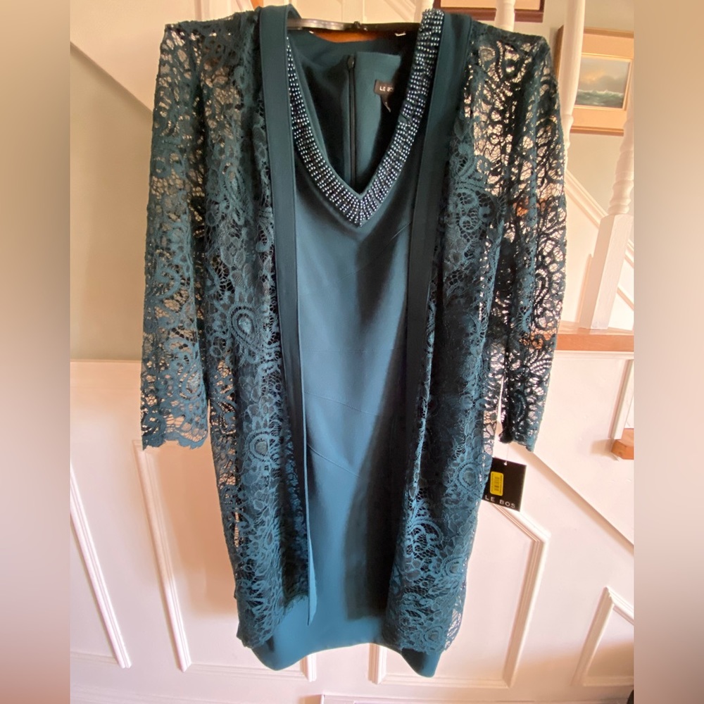 Le Bos Scalloped Floral Lace V-Neck Beaded Trim 2-Piece Jacket Dress - NWT